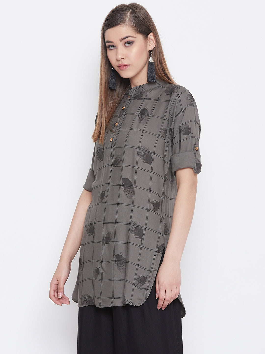 Empressgrey with Feather Print Short Kurta