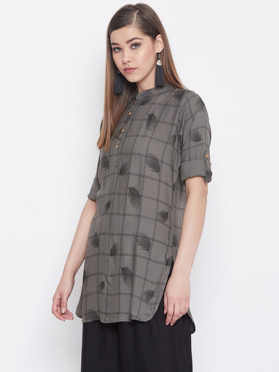 Empressgrey with Feather Print Short Kurta