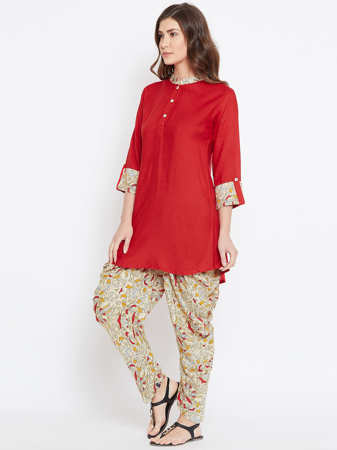 Red with Knitted Swirls Print Dhoti Set