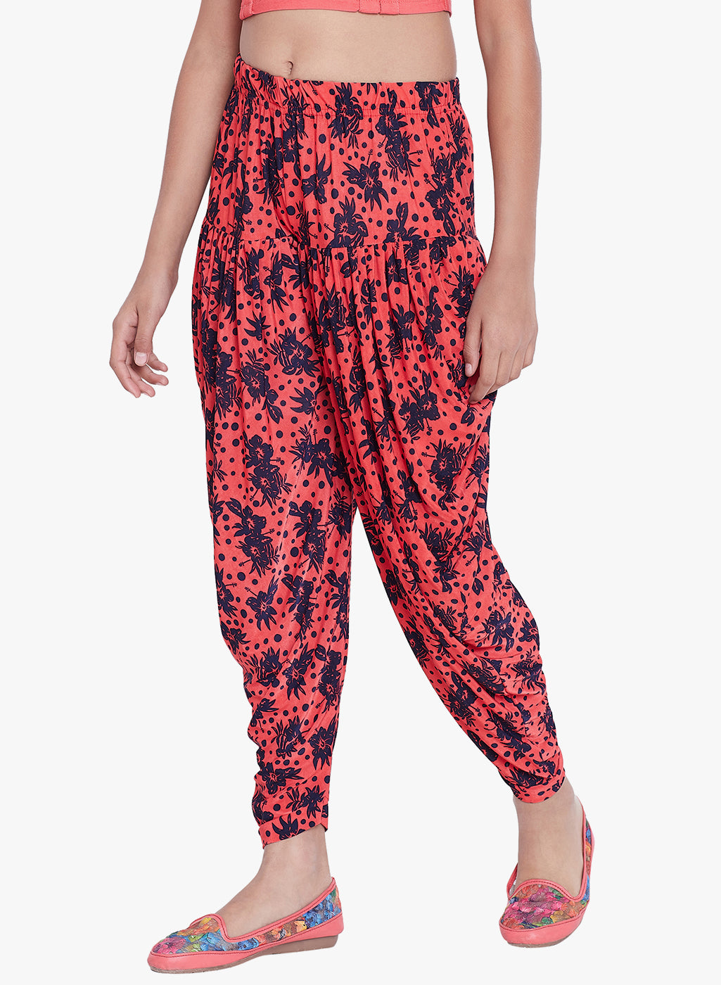 Peach Polka Floral Printed Dhoti