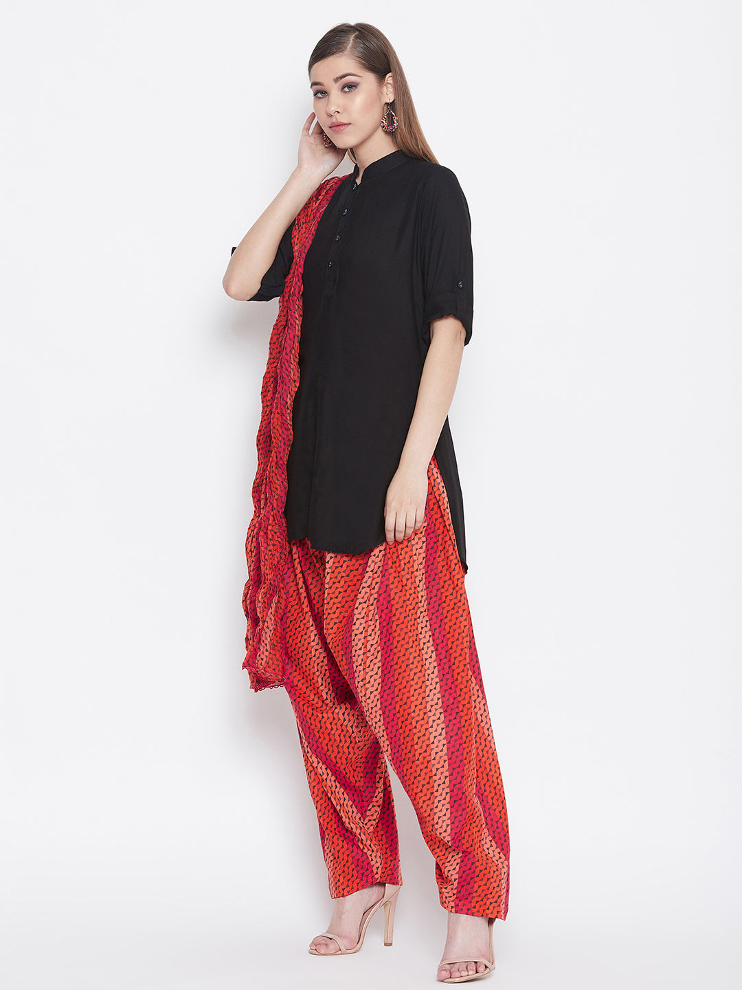 Multicolour Floating Lines Patiala with Black Kurti Set