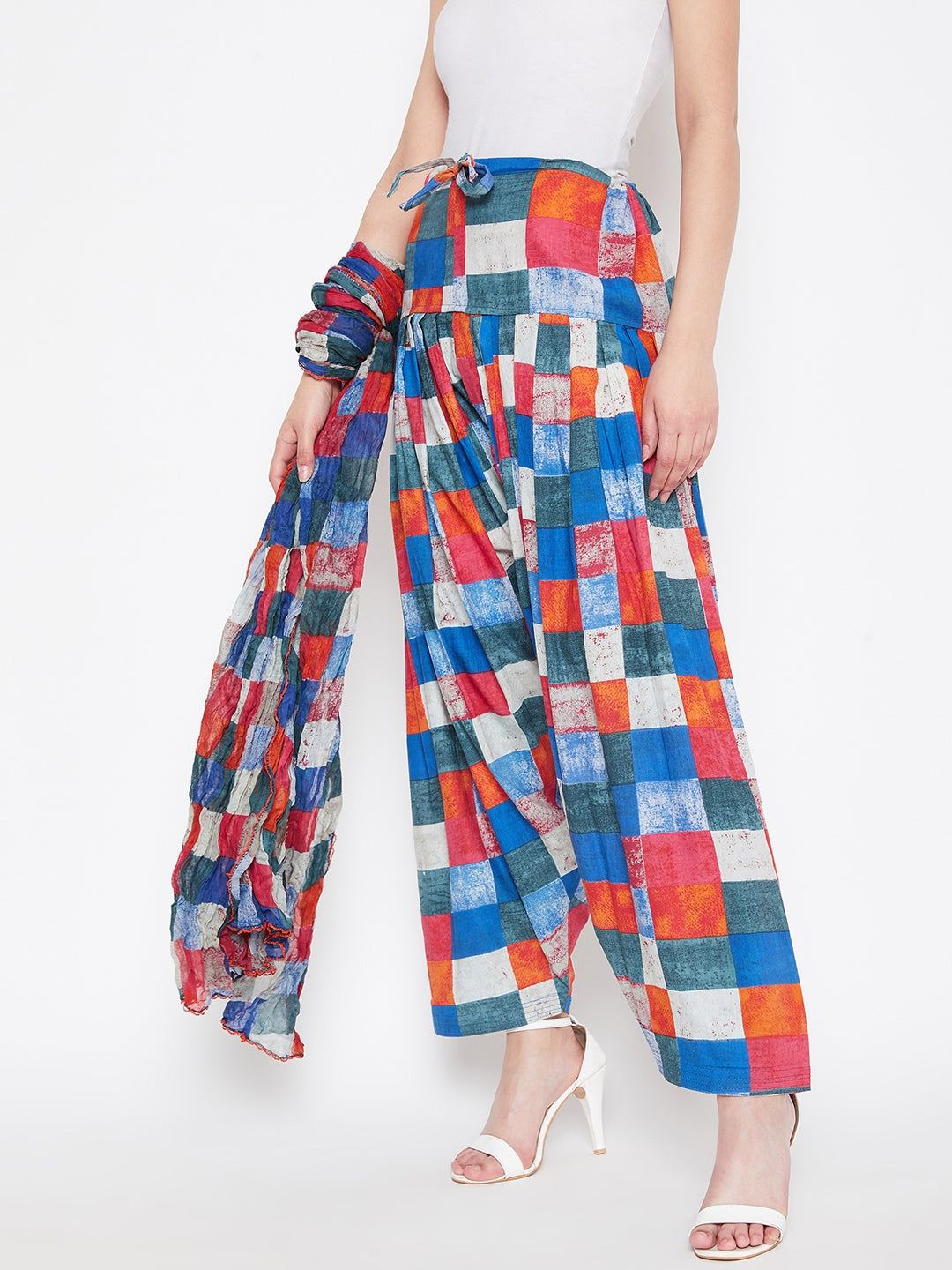 Multicolour Checks Printed Cotton Patiala with Dupatta