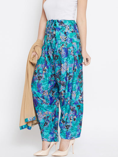 Blue Abstract Print Rayon Patiala with Dupatta