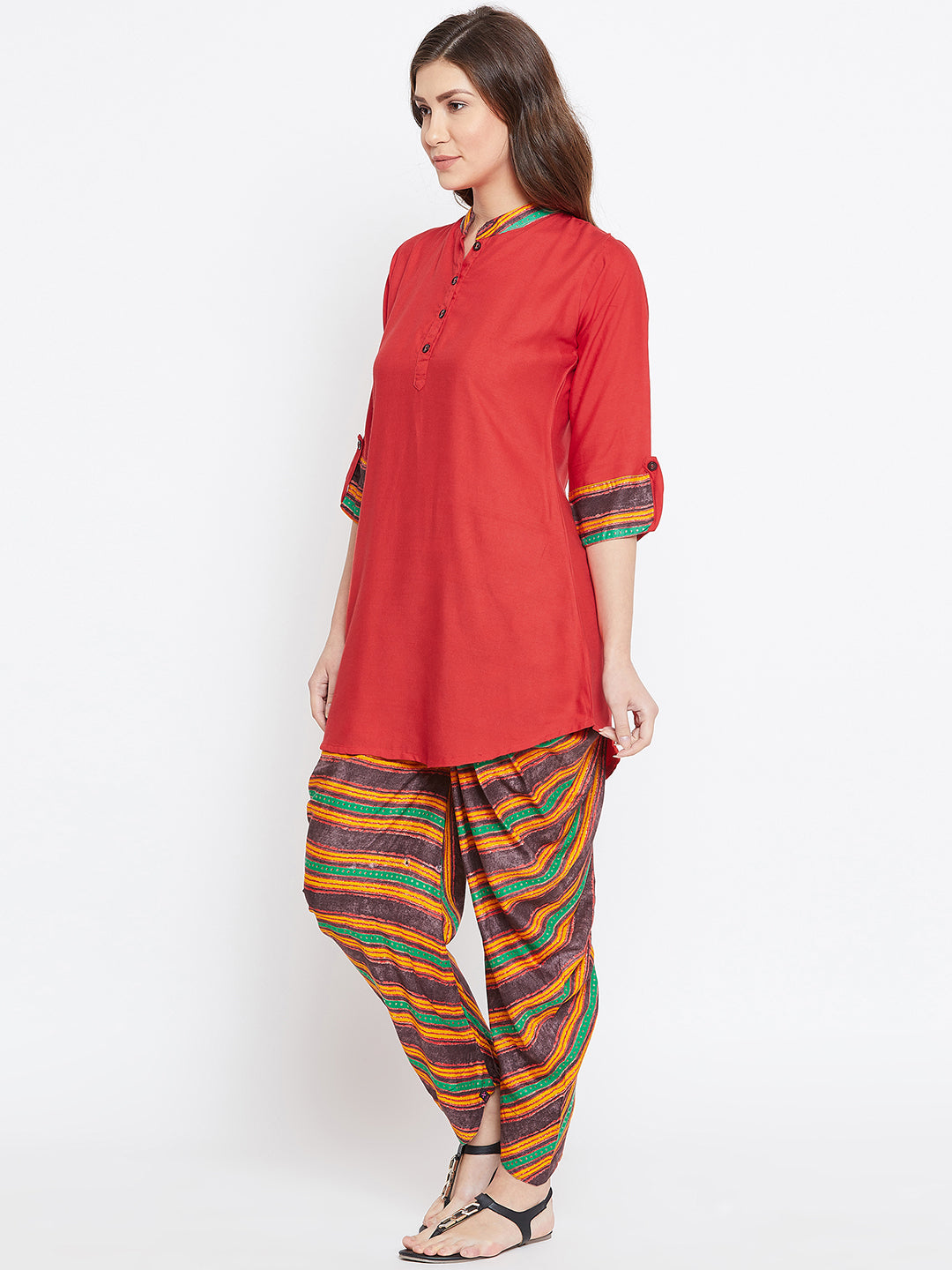 Red with Multi-striped Print Dhoti Set