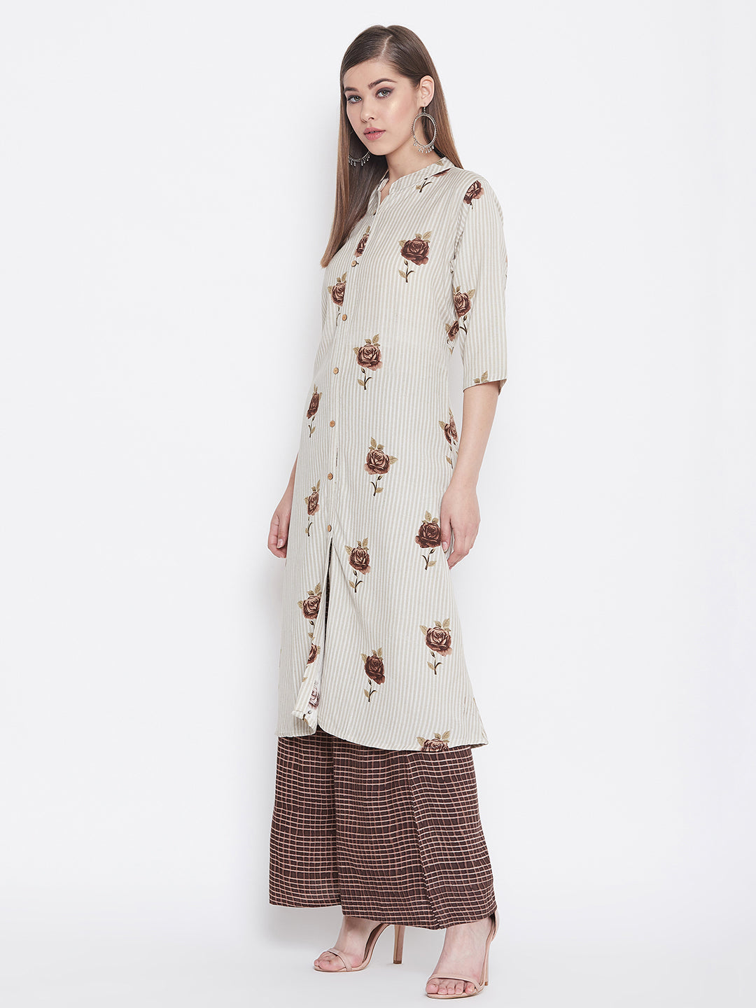Rose Printed brown and White Kurti with Palazzo