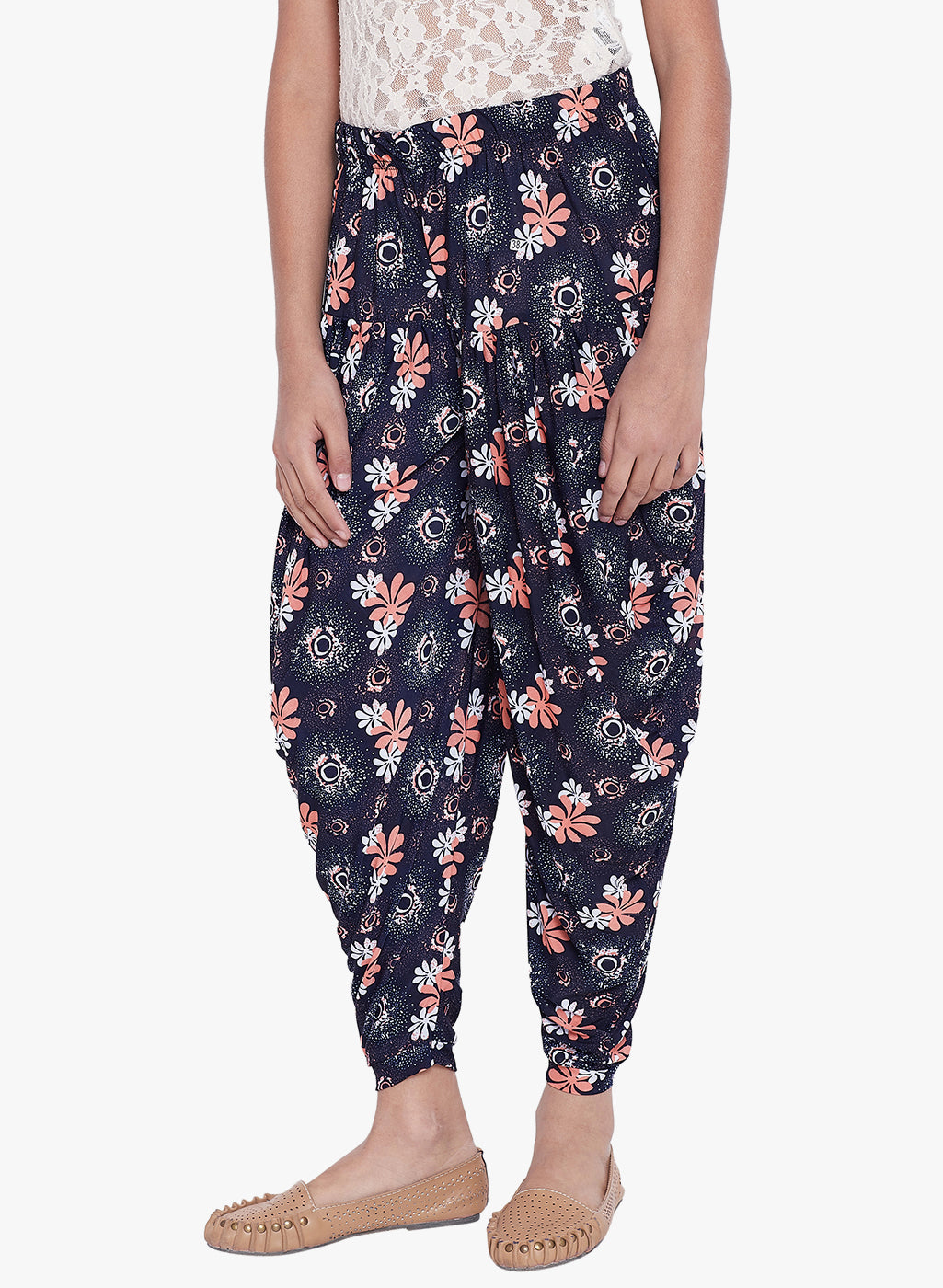 Peach Tri- Floral Printed Dhoti