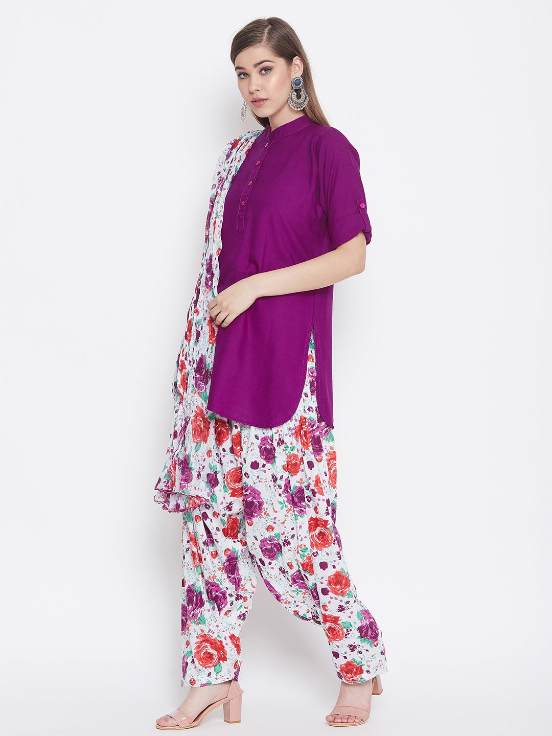 Floral Print Patiala with Purple Kurti Set