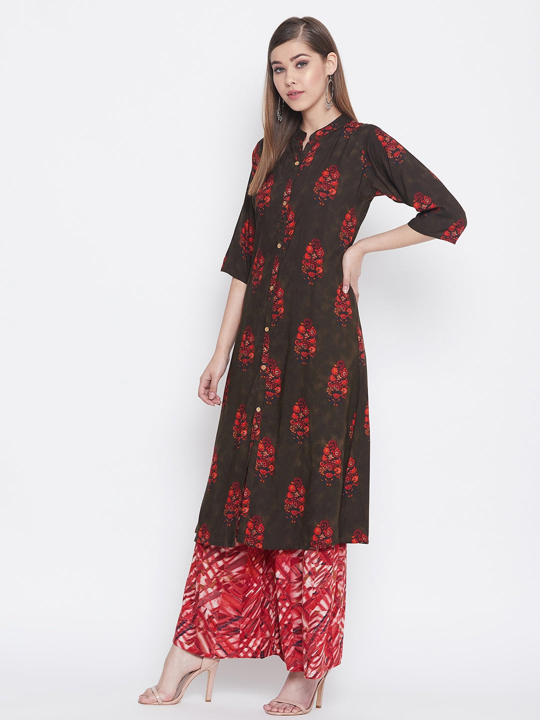 Printed Livid Brown and Red Kurti with Palazzo