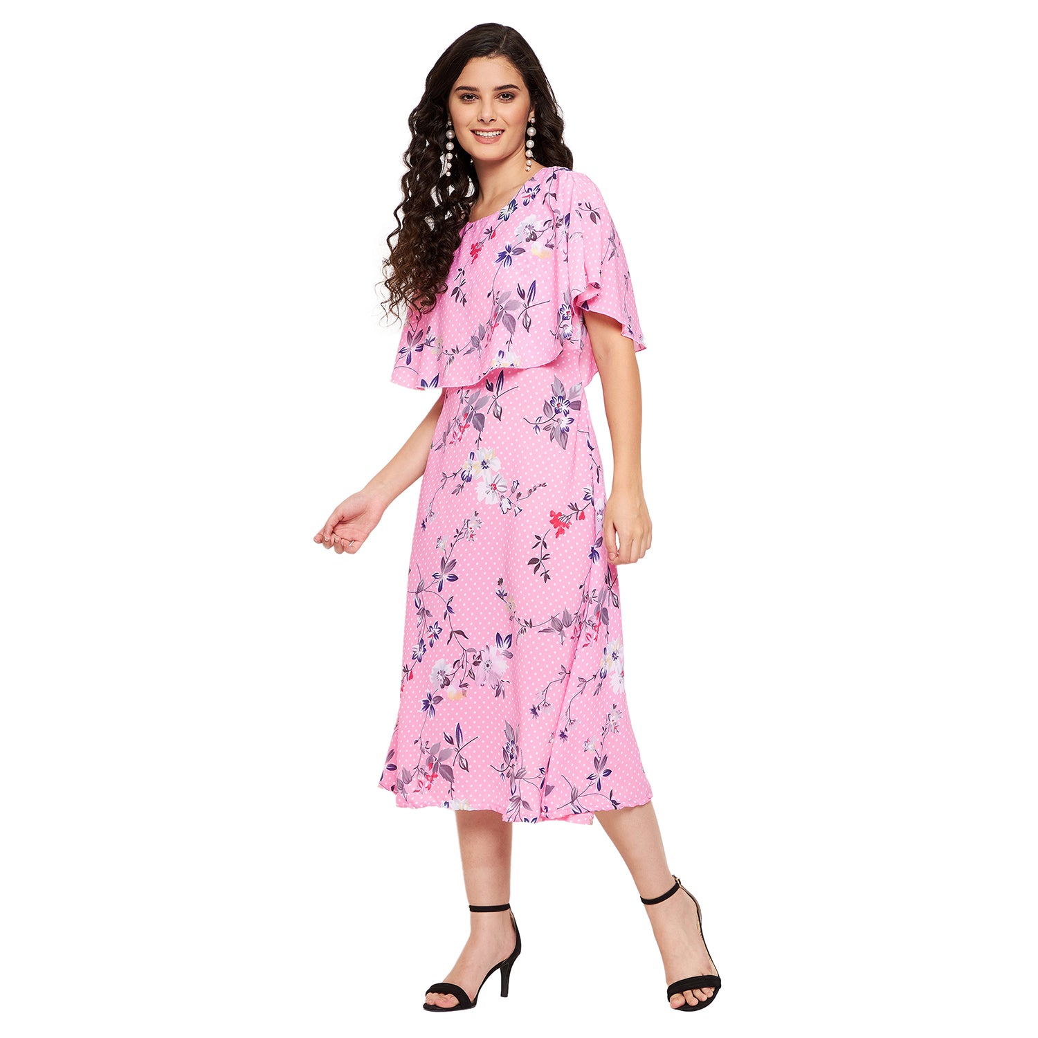 Floral Polka Cape Midi Dress