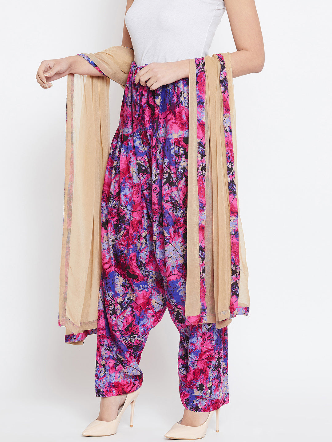Abstract Pink Pattern Printed Rayon Patiala with Dupatta