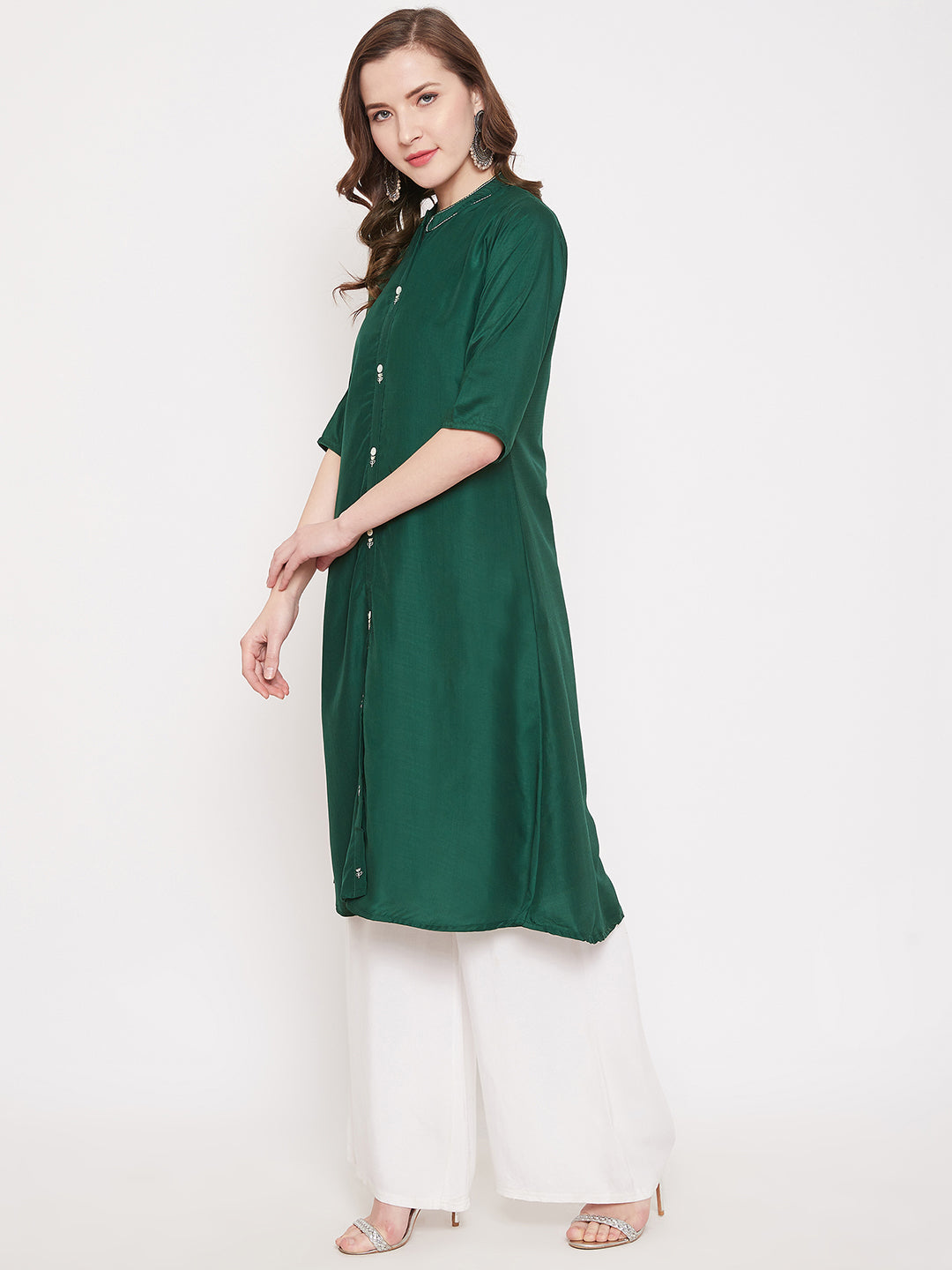 Bottle Green Embroidery Solid Color Kurti