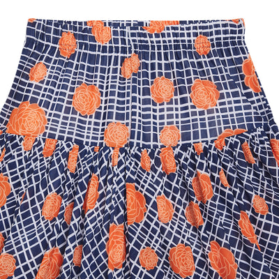 Blue Checks with Peach Flower Printed Dhoti
