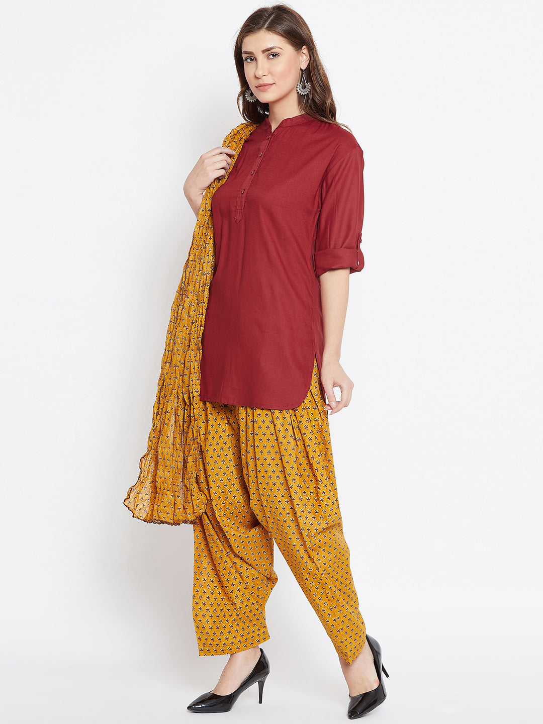 Ditsy Print Patiala with Maroon Kurti Set