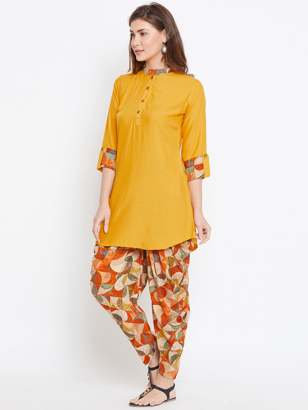 Mango Yellow with Geometric Print Dhoti Set