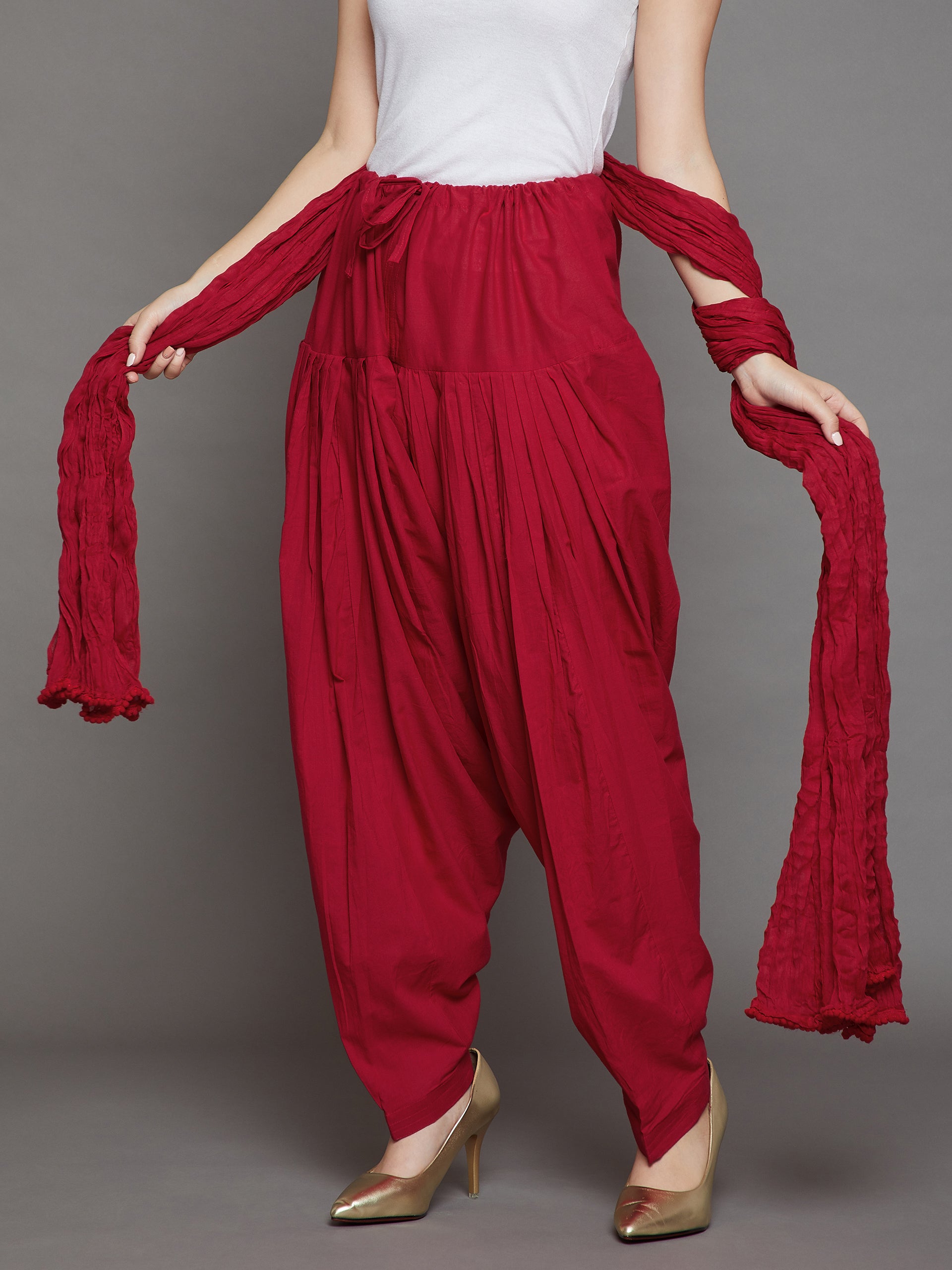 Red Cotton Plain Patiala with Dupatta