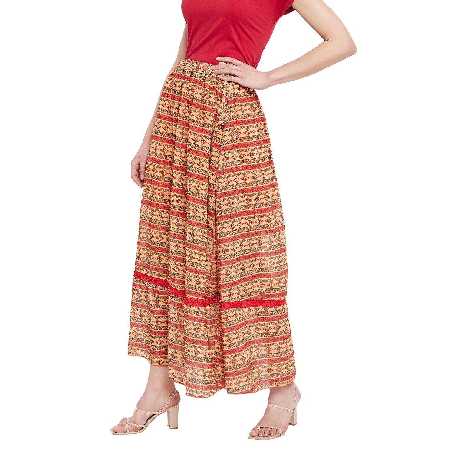Abstract Print Red Net Lace Skirt