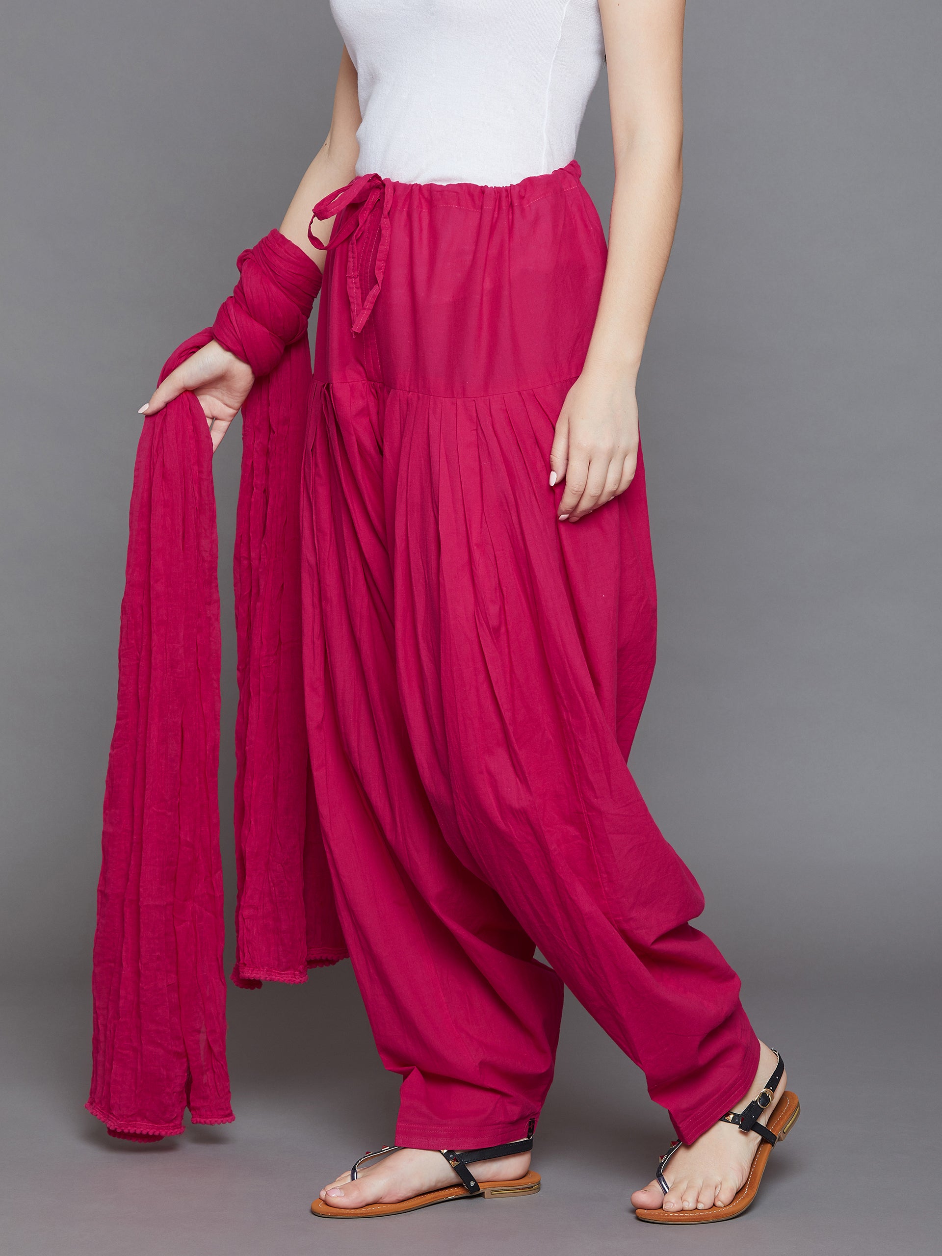 Rani Pink Cotton Plain Patiala with Dupatta