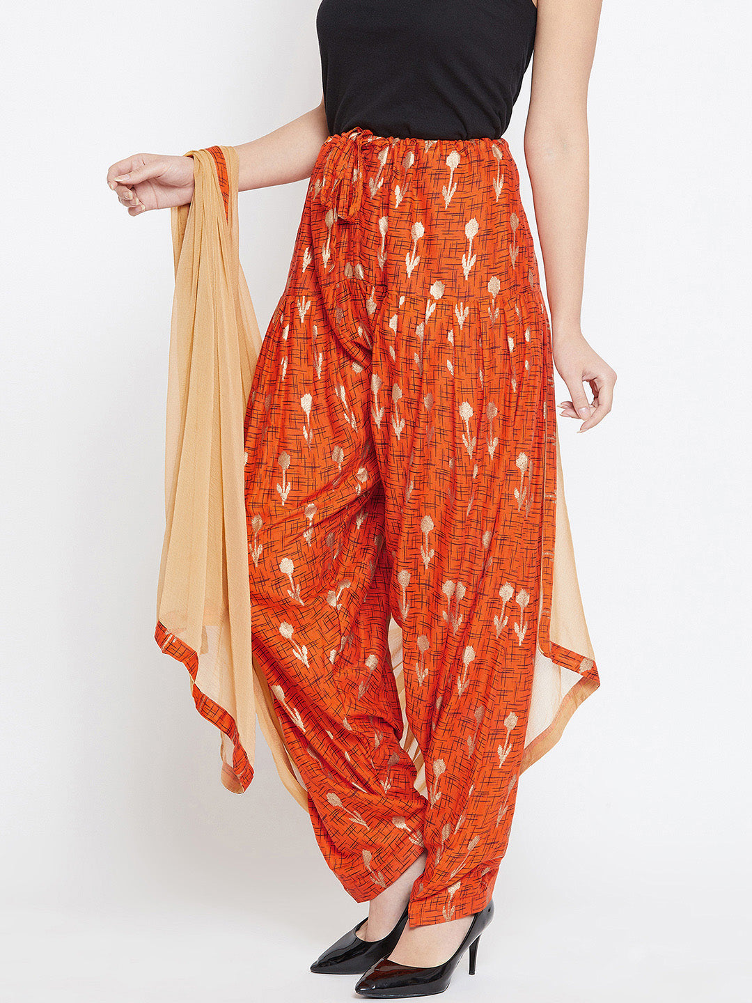 Orange Abstract with Foil Print Rayon Patiala with Dupatta