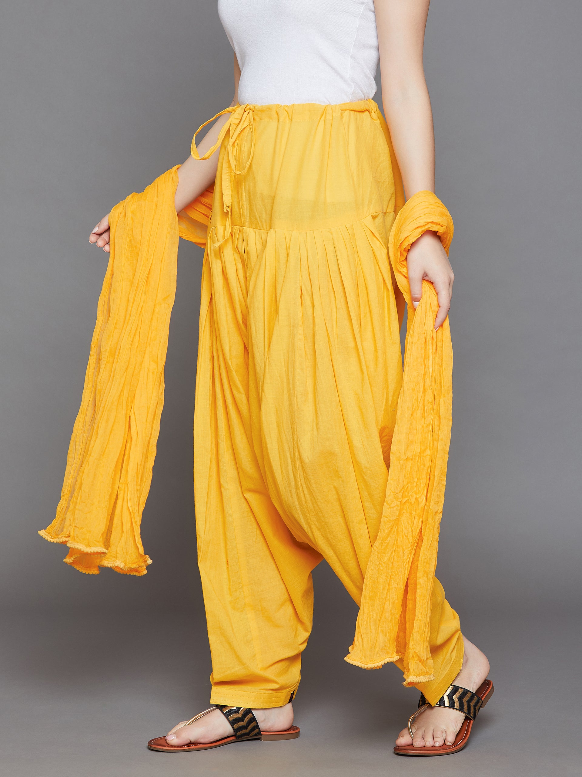 Yellow Cotton Plain Patiala with Dupatta