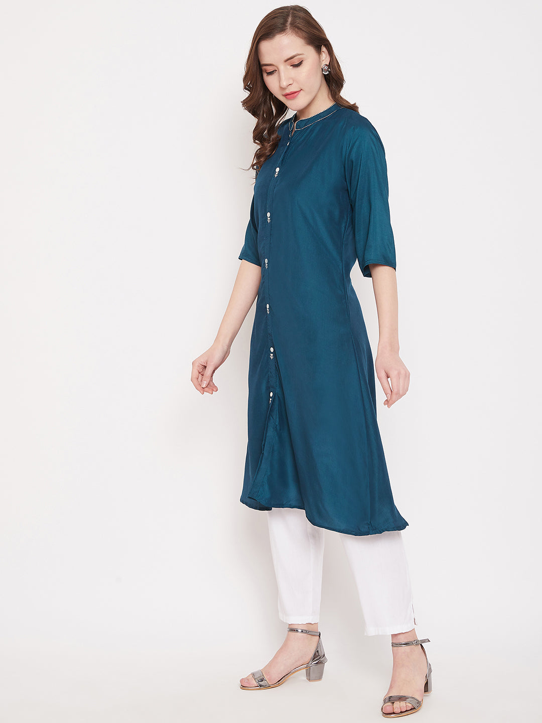 Peacock Blue Embroidery Solid Color Kurti