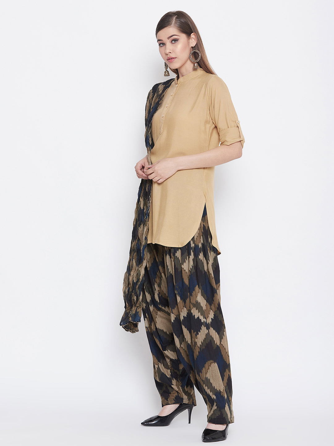 Ikat Print Patiala with Tan Brown Kurti Set