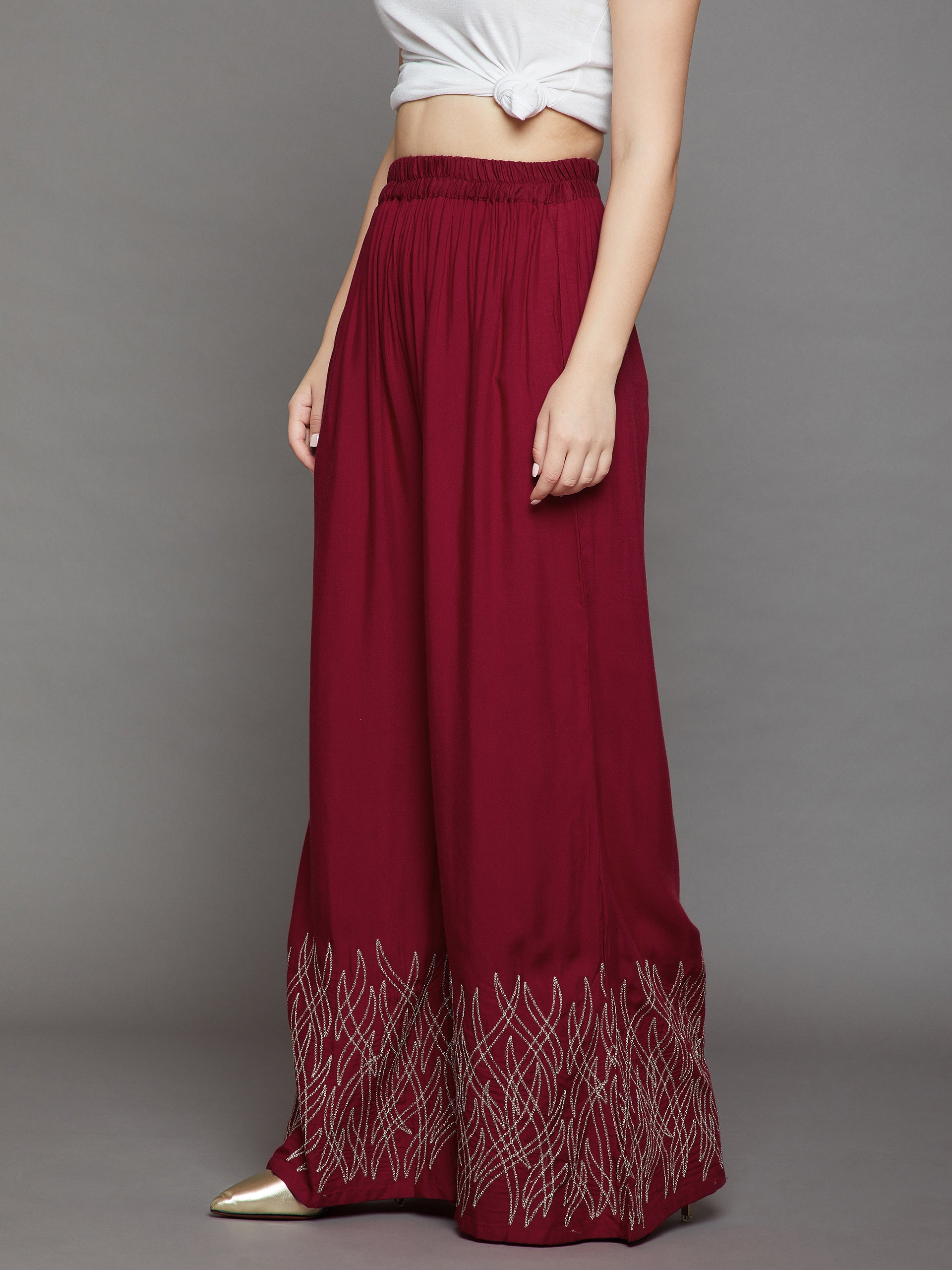 Plum Maroon Palazzo with Light Gold Embroidery Work – The Pajama Factory