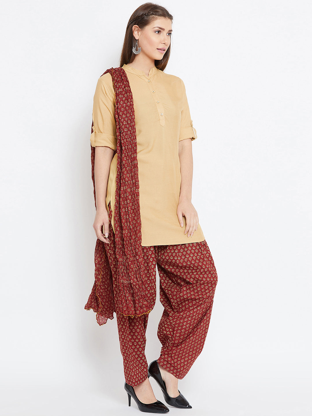Ditsy Print Patiala with Fawn Kurti Set