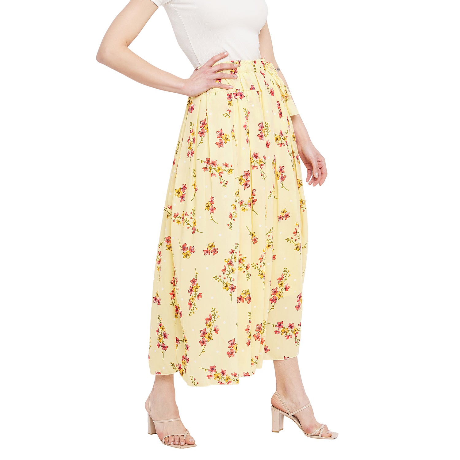 Yellow Peachy Floral Pleat Skirt