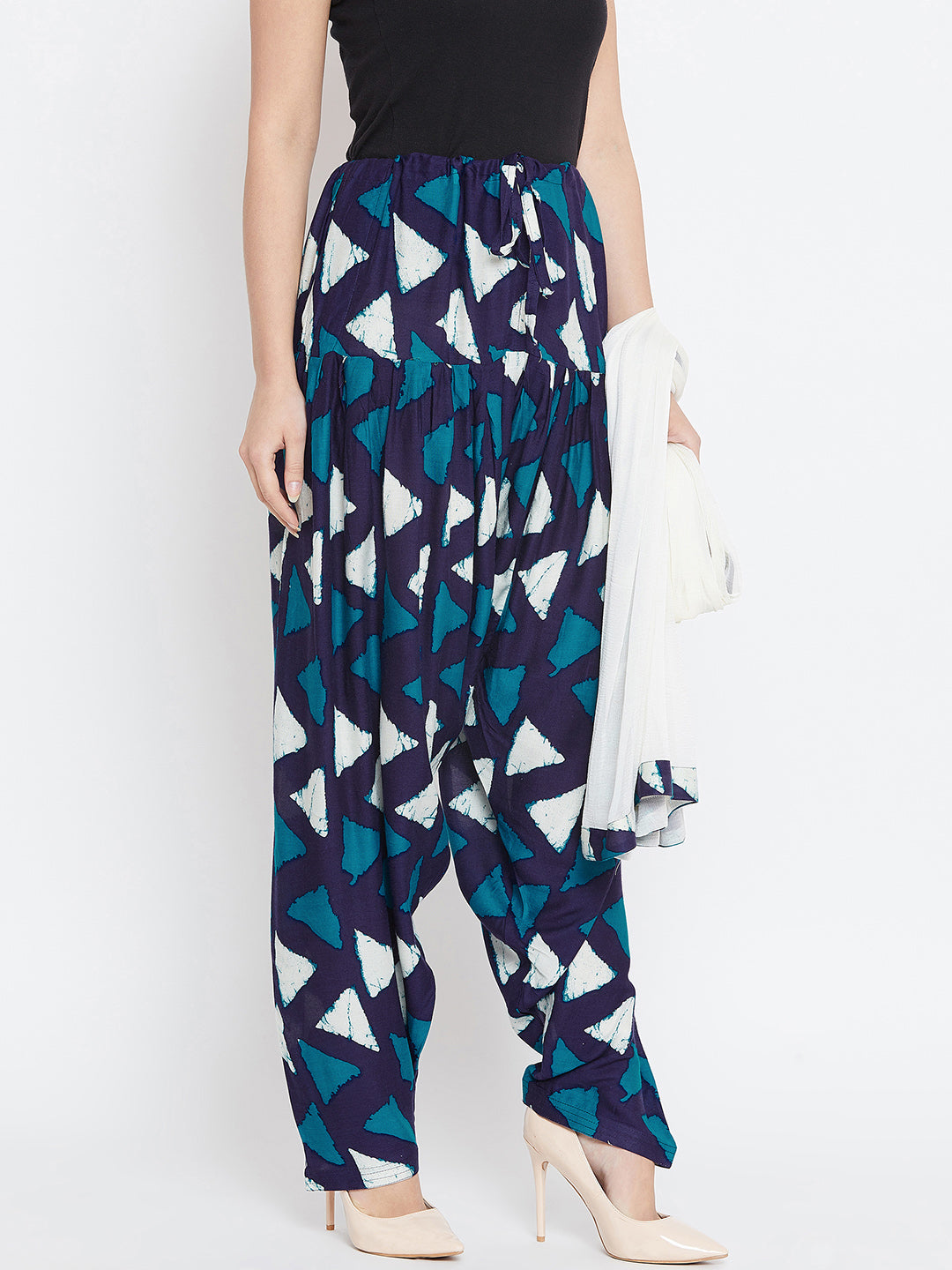 Geometric Pattern Navy Blue Printed Rayon Patiala with Dupatta