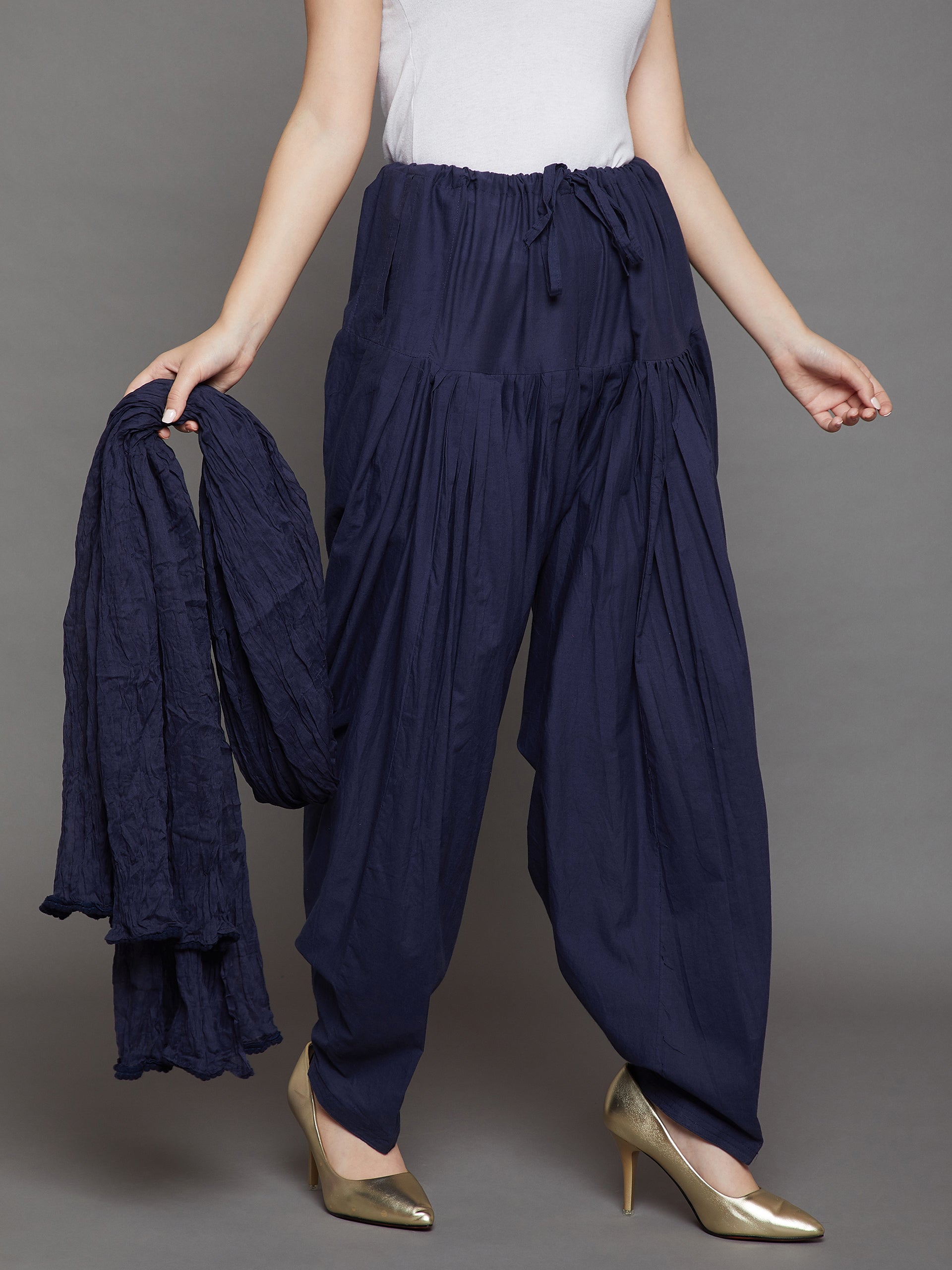 Navy Blue Cotton Plain Patiala with Dupatta