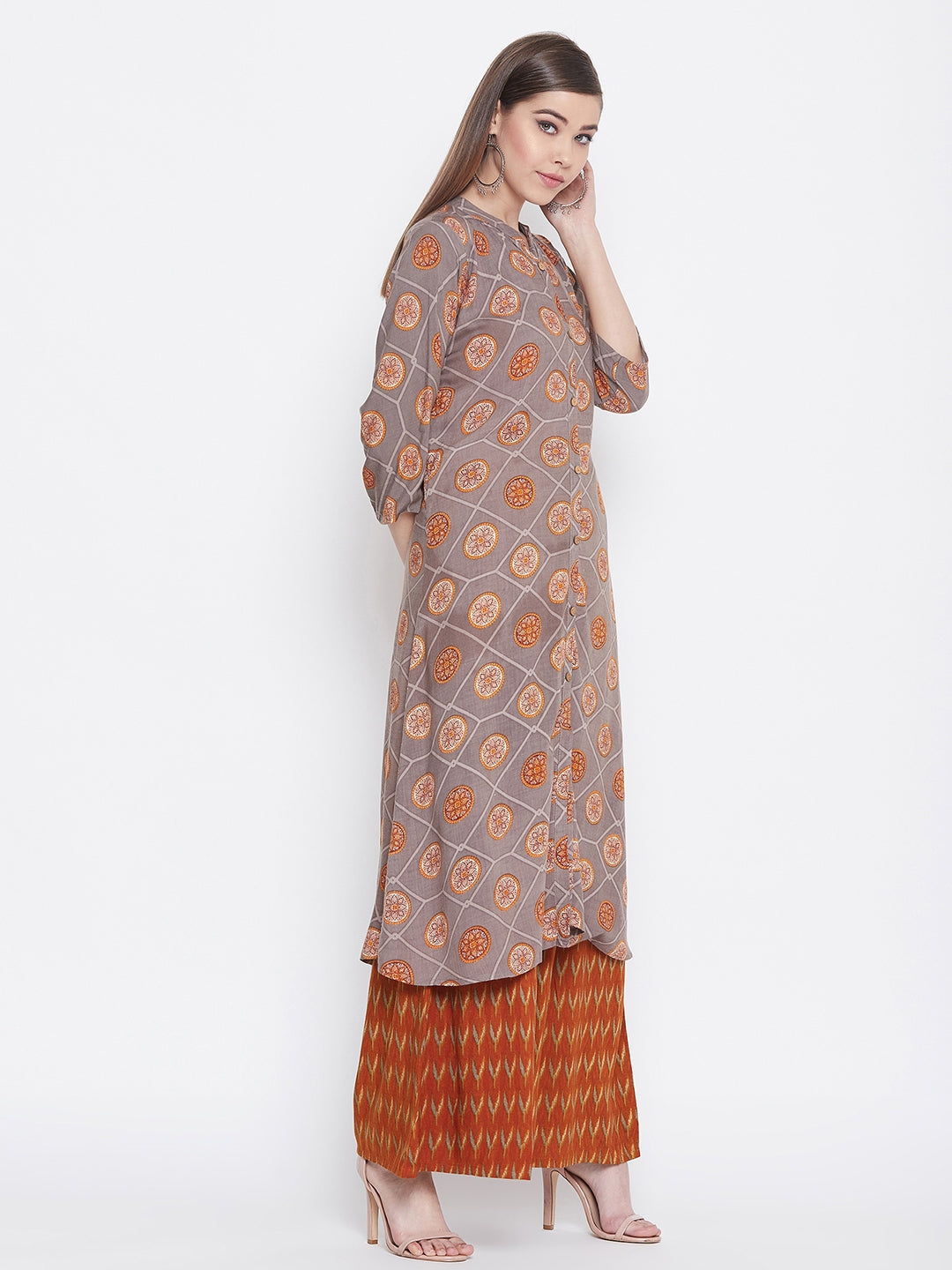 Printed sand wisp and maroon Kurti with palazzo