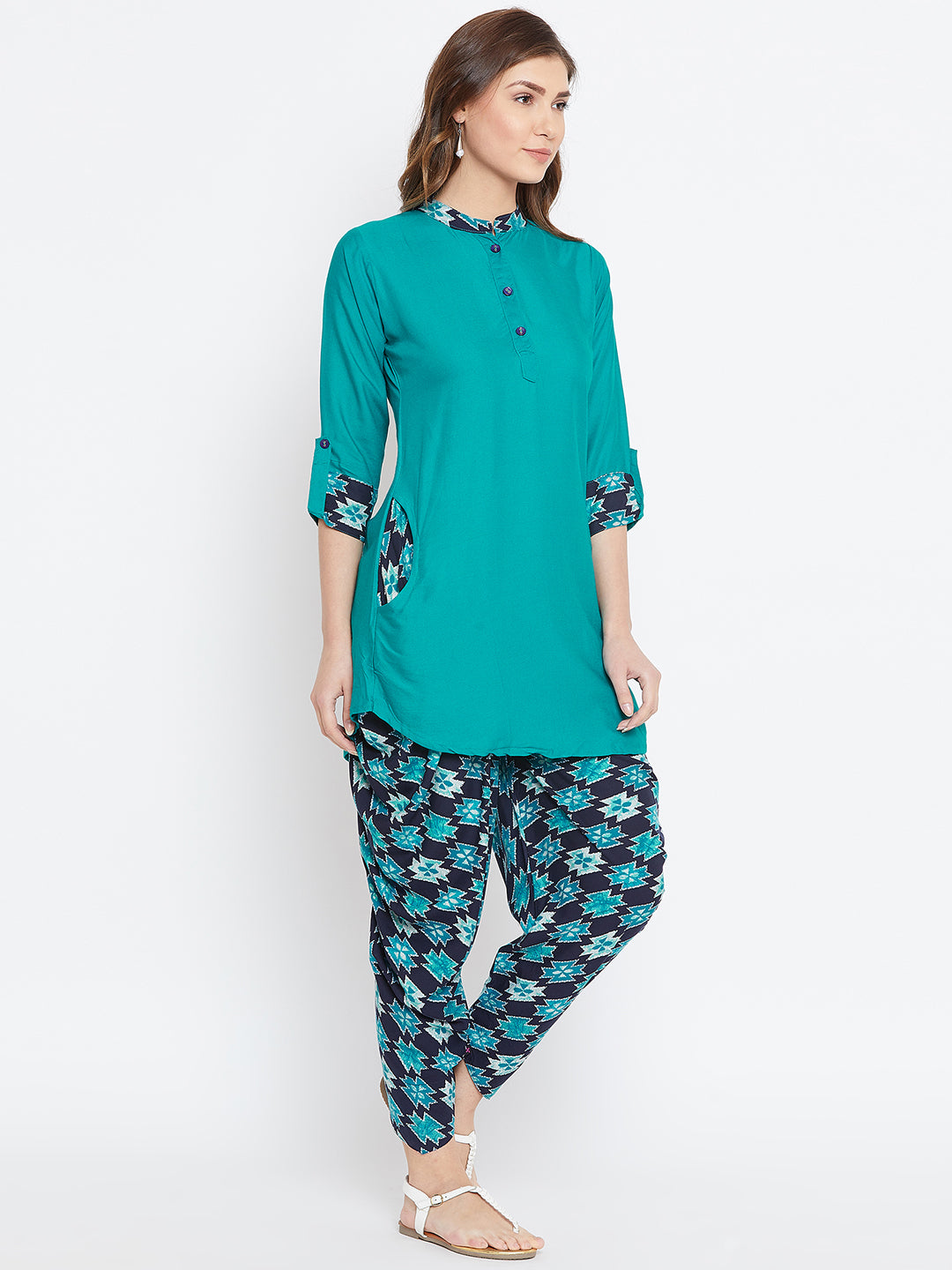 Rama Green Aztec Print Dhoti Set