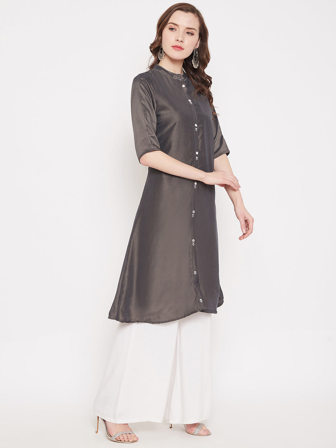 Ash Grey Embroidery Solid Color Kurti