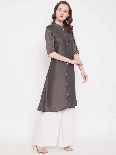 Ash Grey Embroidery Solid Color Kurti