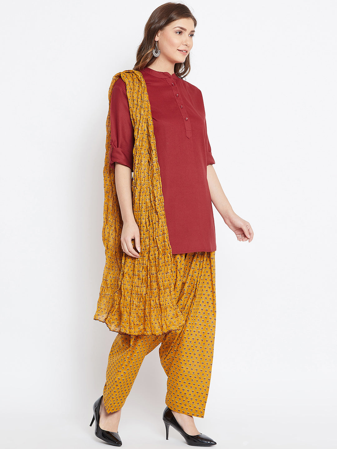 Ditsy Print Patiala with Maroon Kurti Set