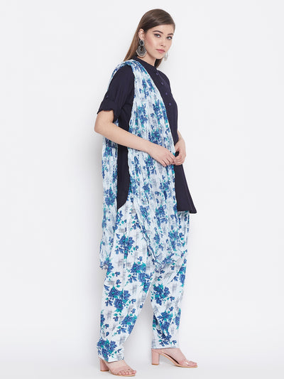 Blue Floral Printed Cotton Patiala with Dupatta