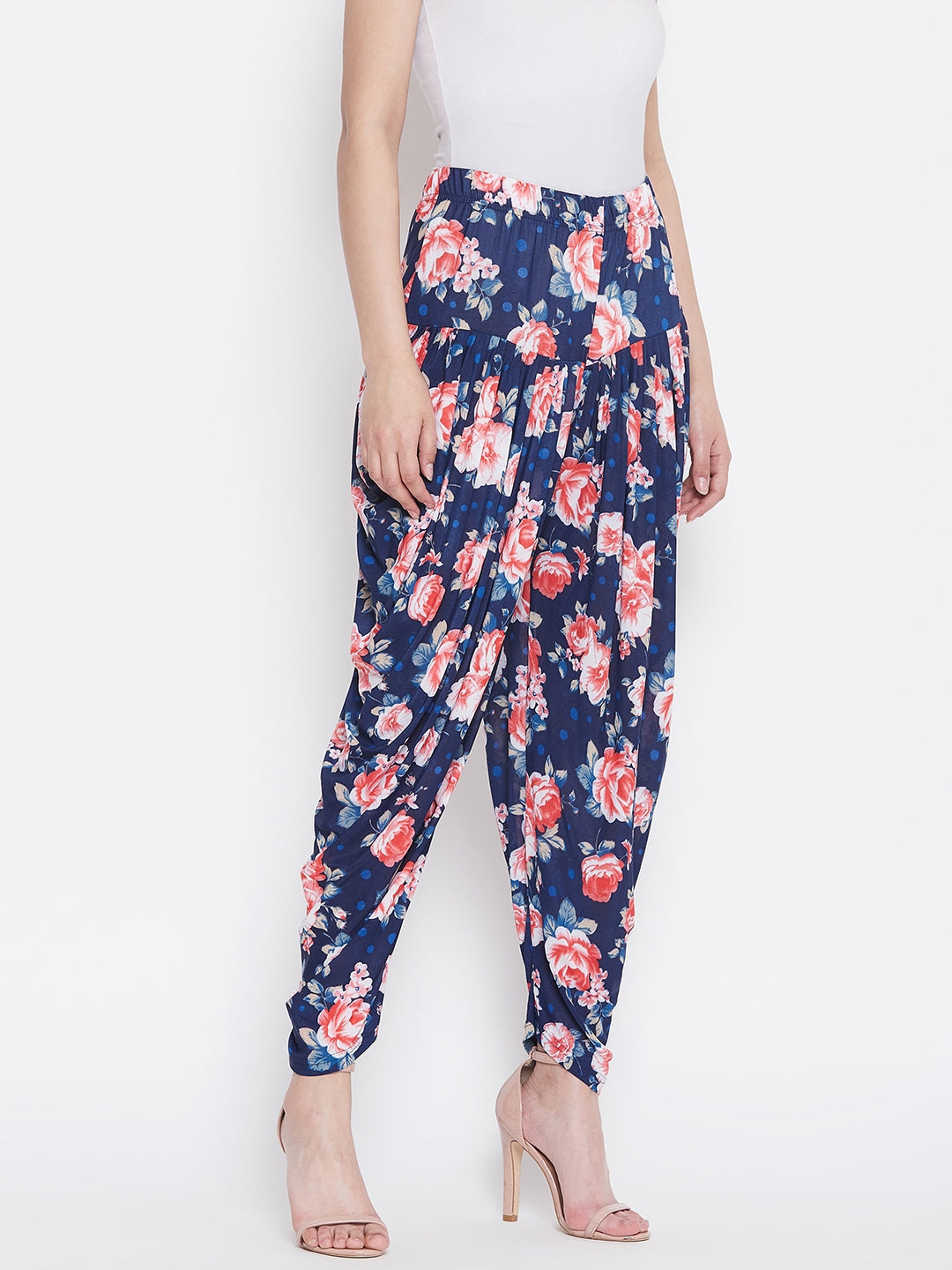 Pink and Blue Floral Printed Dhoti