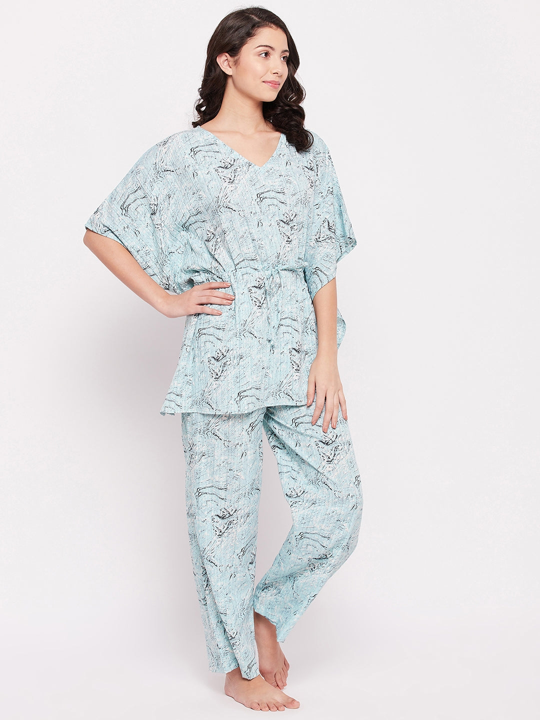 Marble Textured Kaftan Sets M Sky Blue