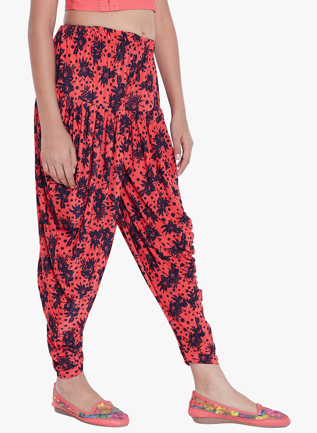 Peach Polka Floral Printed Dhoti