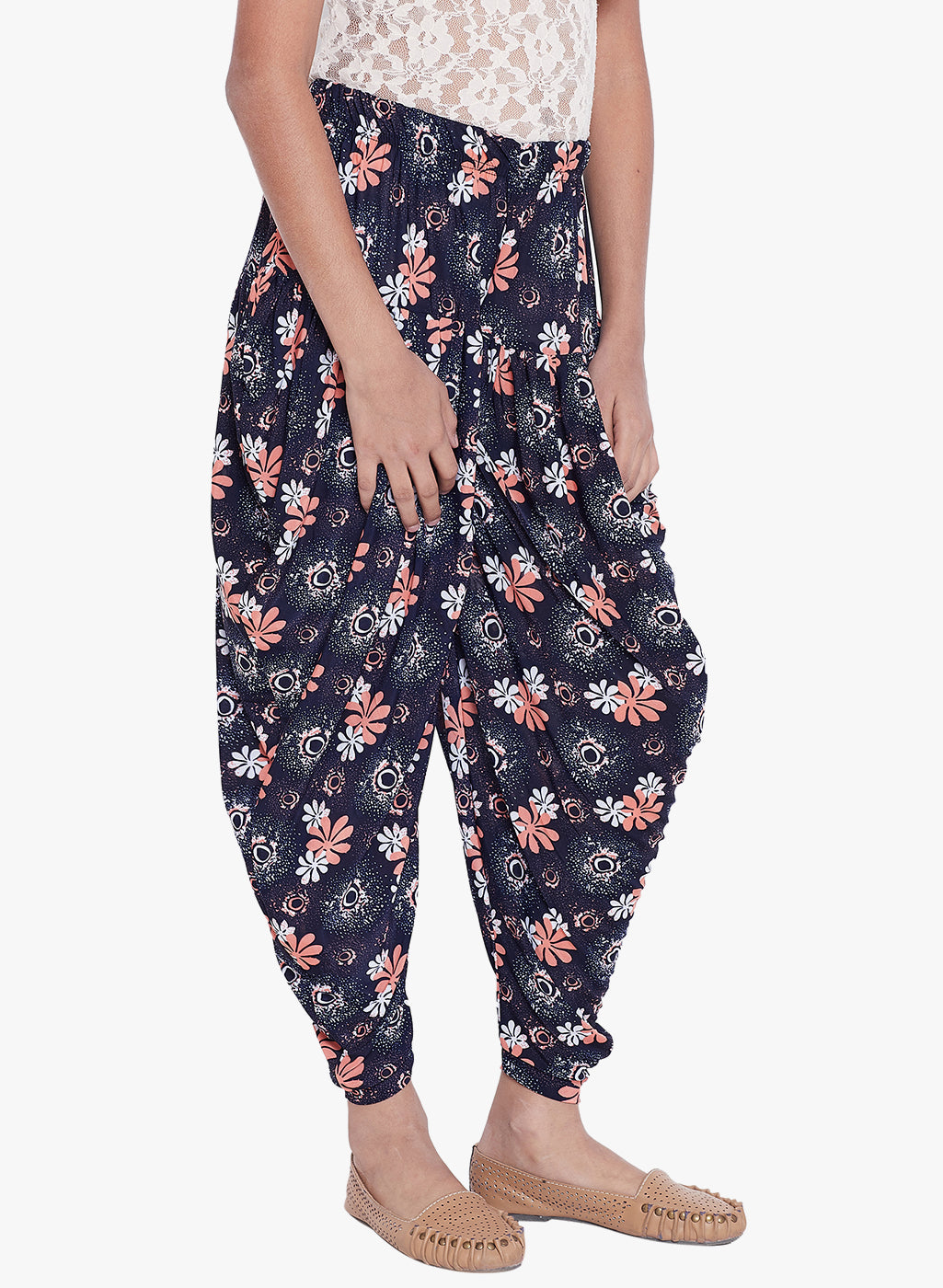 Peach Tri- Floral Printed Dhoti