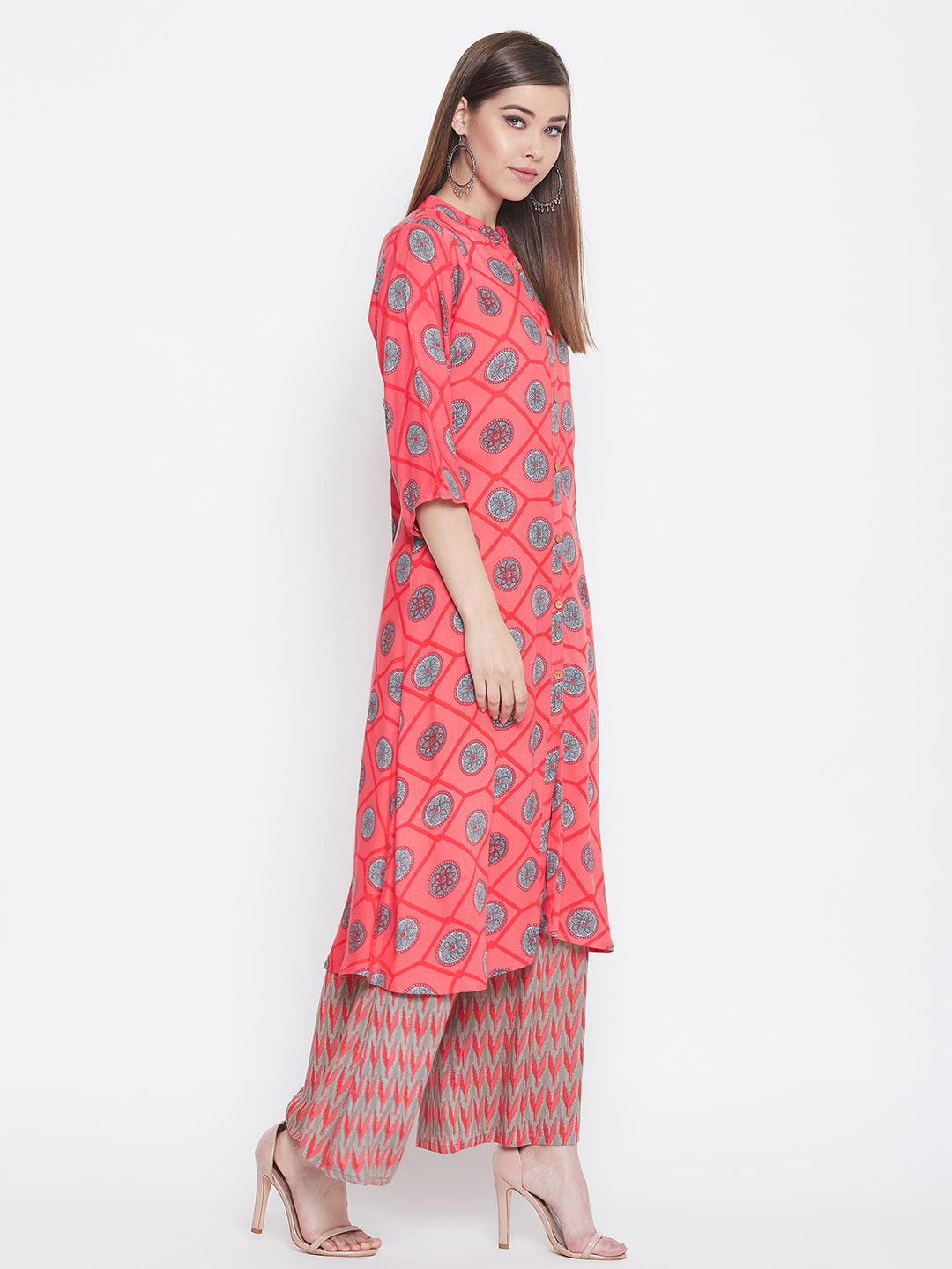Traditional Printed Coral Kurti with Palazzo