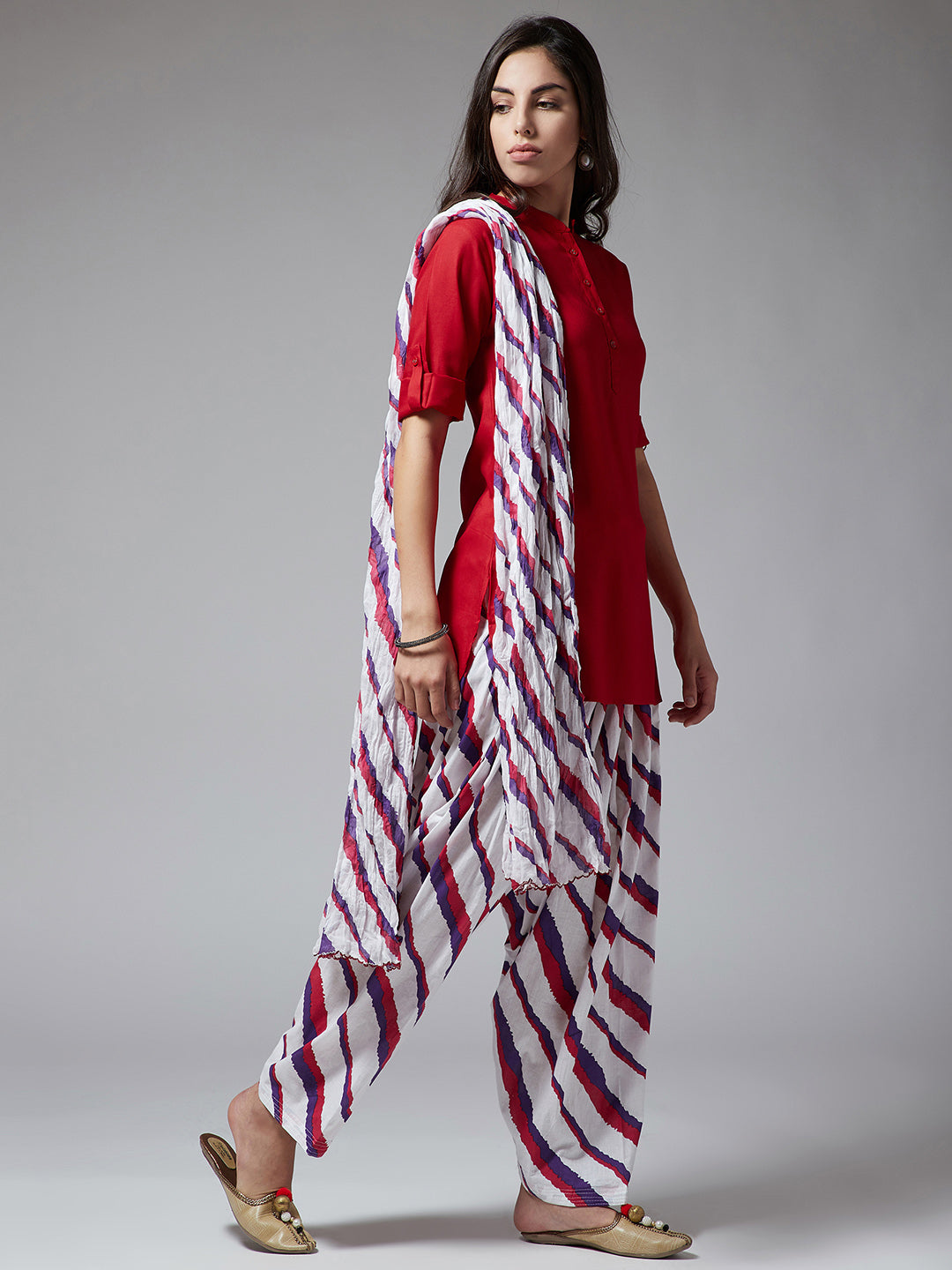 Regimental Stripes Patiala with Red Kurti Set
