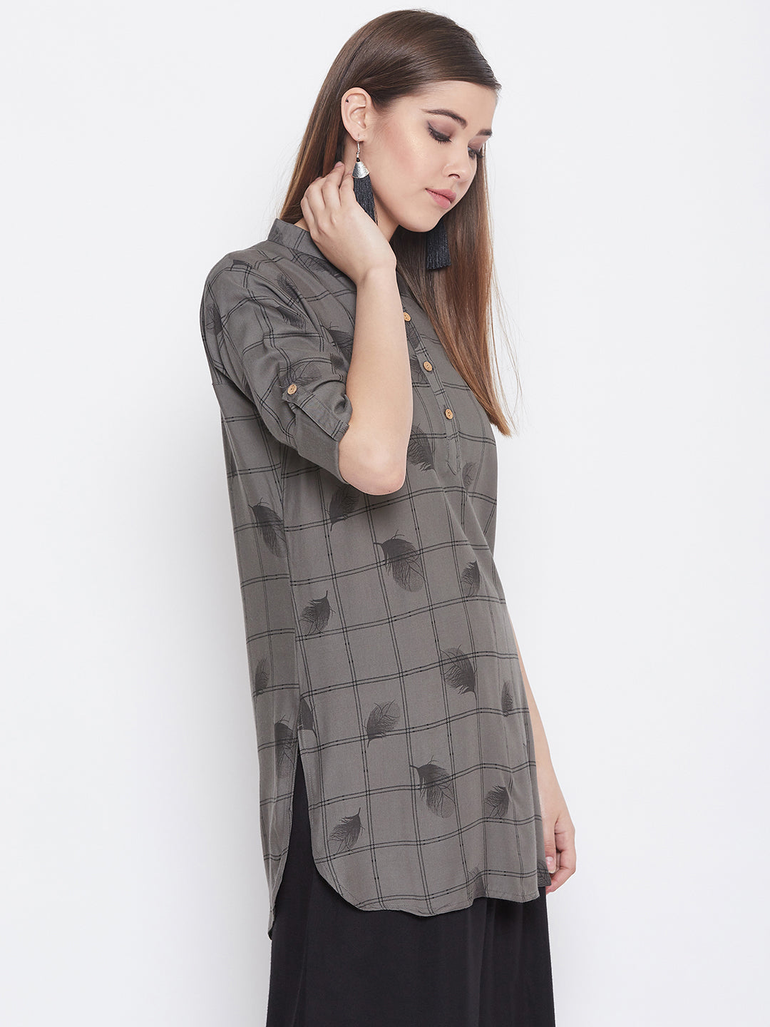 Empressgrey with Feather Print Short Kurta