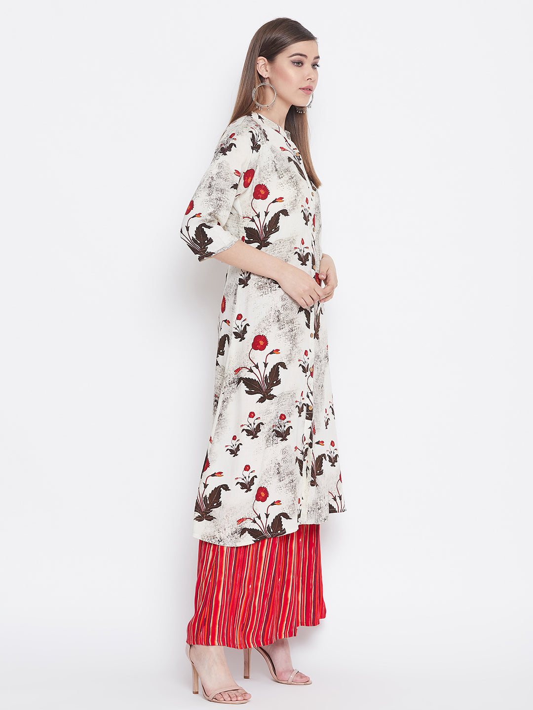 Floral Printed White and Red Kurti with Palazzo