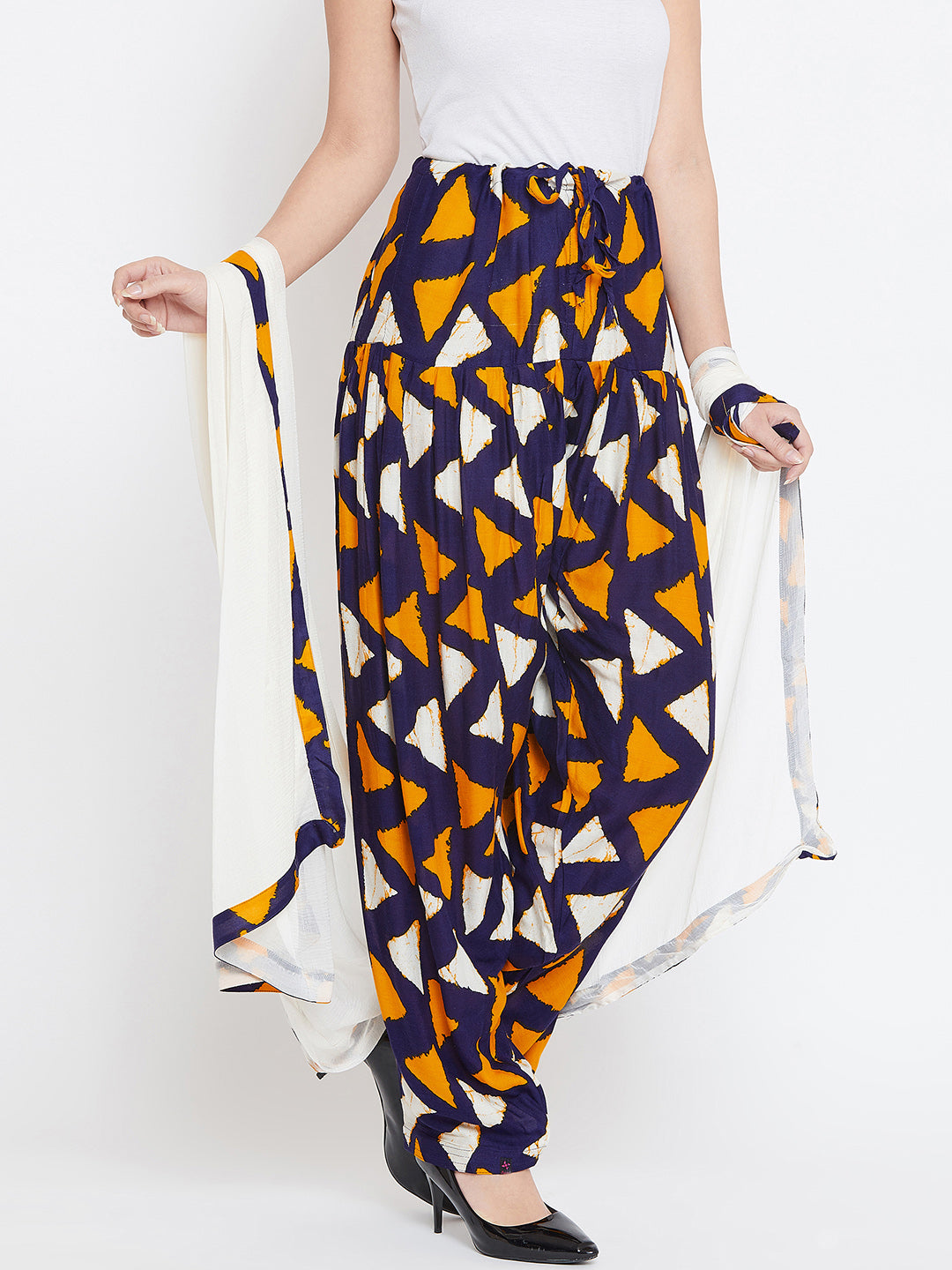 Orange & Navy Blue Geometrical Print Rayon Patiala with Dupatta