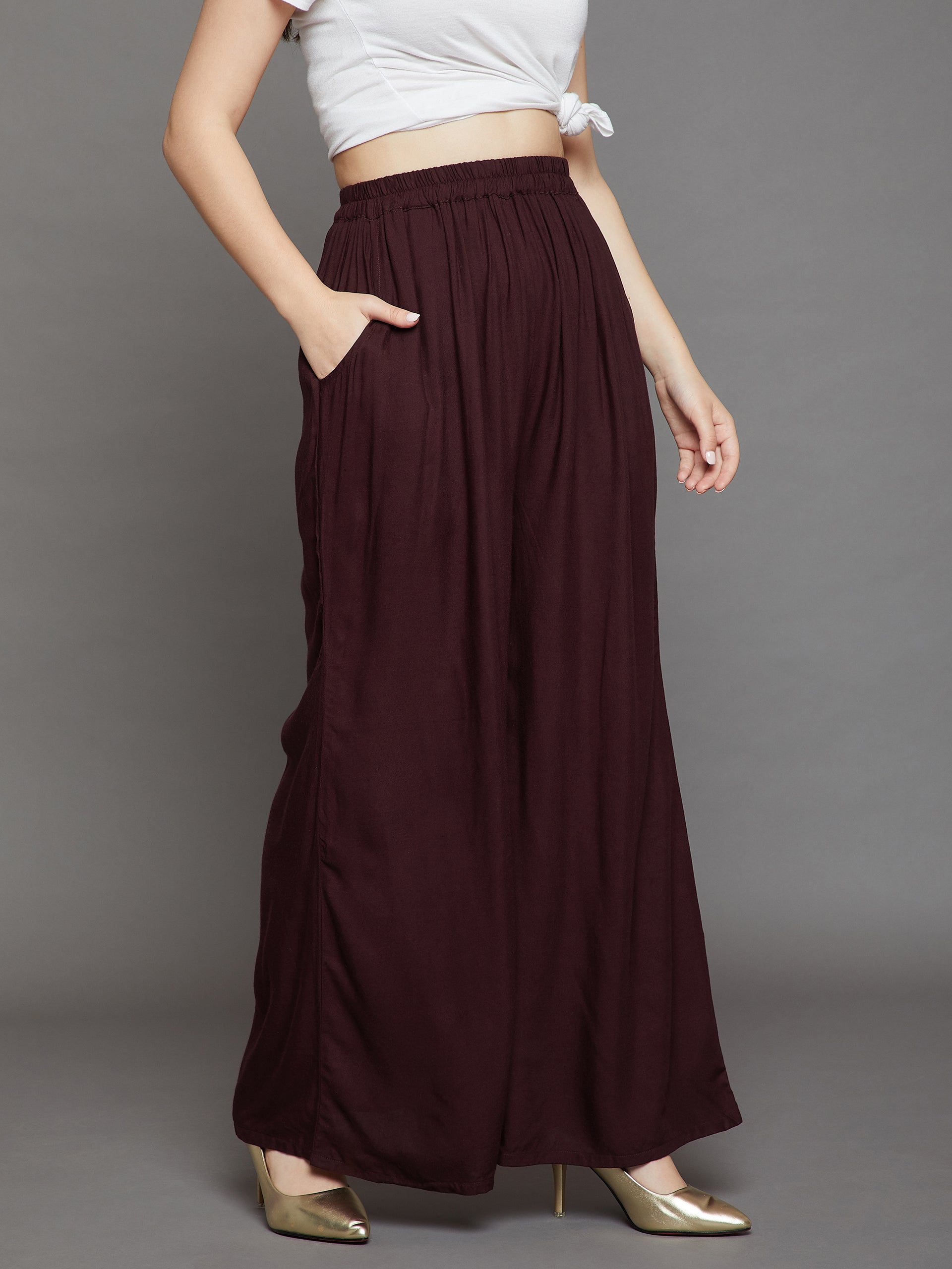 Brown Plain Rayon Palazzo