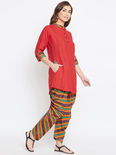Red with Multi-striped Print Dhoti Set