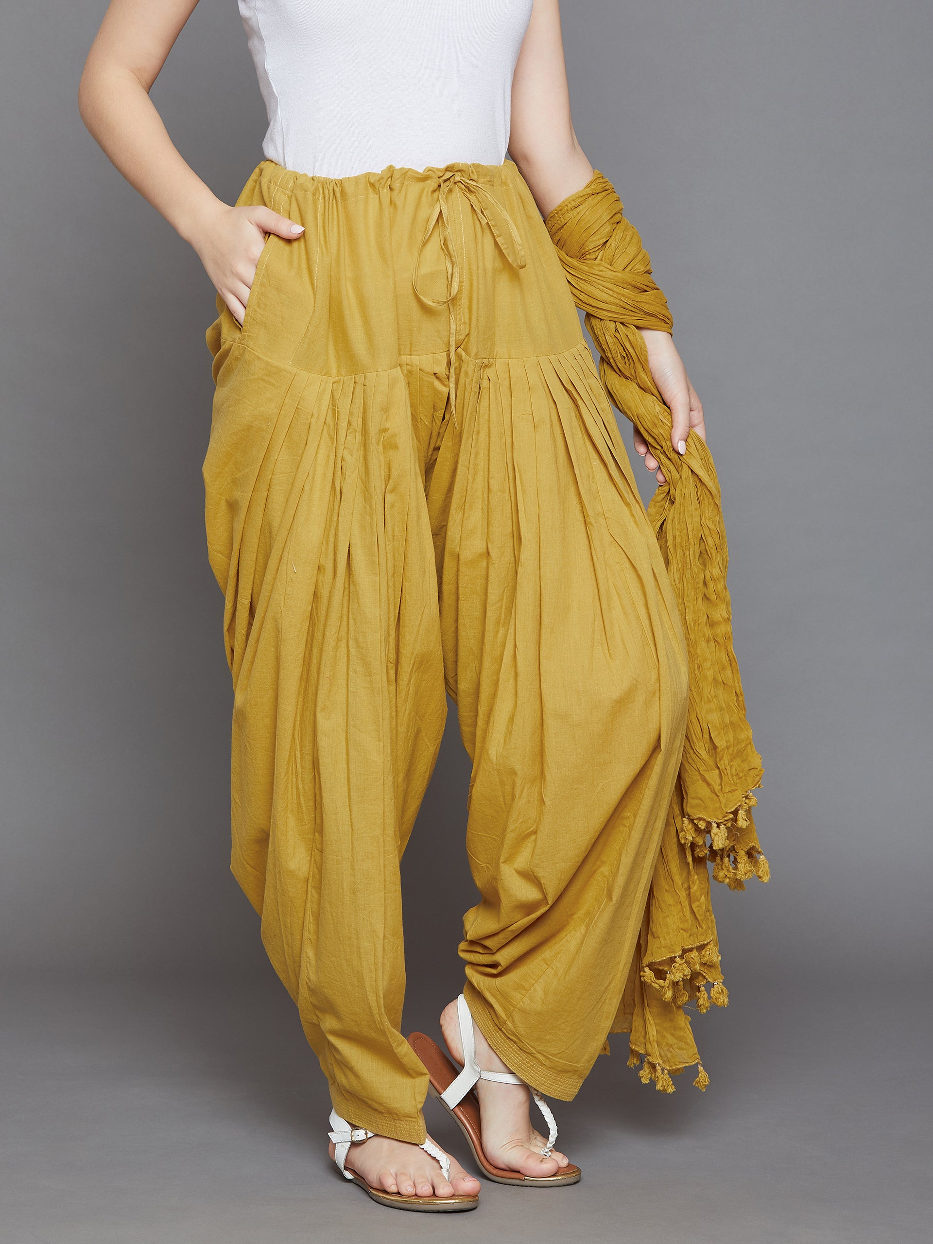 Mustard Cotton Plain  Patiala with Dupatta