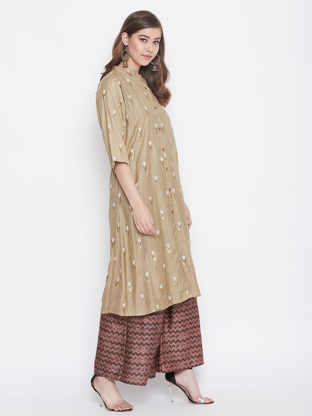 Glitter Printed Tan brown and Redwood Kurti with Palazzo