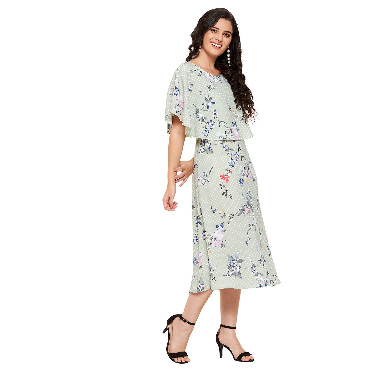 Floral Polka Cape Midi Dress
